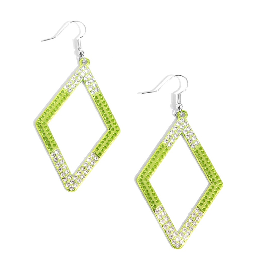 Elegant Metallic Green and Silver Diamond-Shaped Earrings